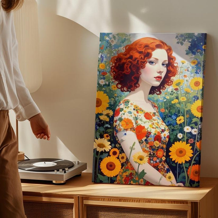 Floral Garden Portrait Canvas – Woman in Sunflower Field with Curly Red Hair - Gifitto