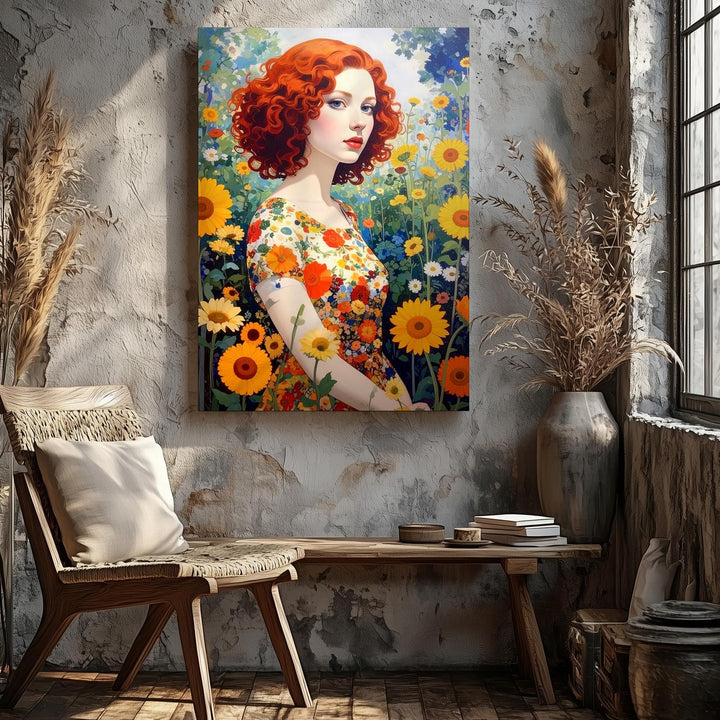 Floral Garden Portrait Canvas – Woman in Sunflower Field with Curly Red Hair - Gifitto