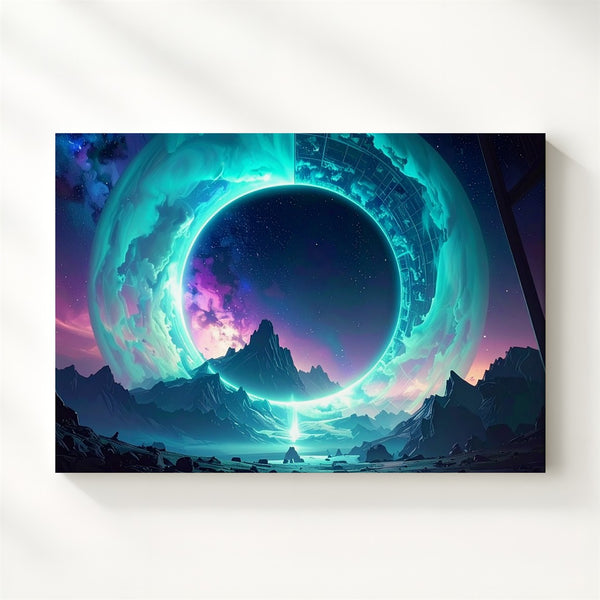 Cosmic Vortex Portal Canvas – Turquoise Energy Ring Over Mountain Landscape - Gifitto