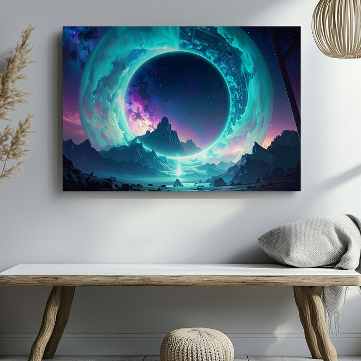 Cosmic Vortex Portal Canvas – Turquoise Energy Ring Over Mountain Landscape - Gifitto