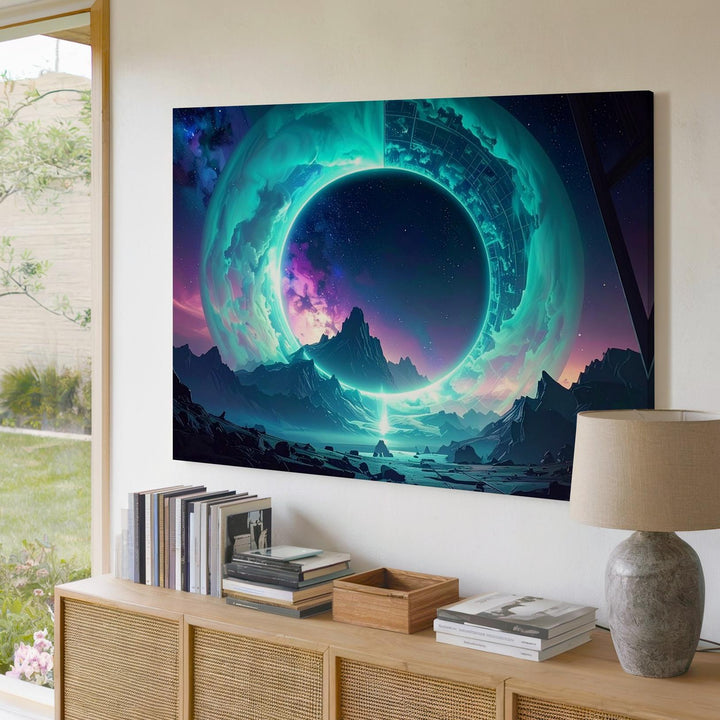 Cosmic Vortex Portal Canvas – Turquoise Energy Ring Over Mountain Landscape - Gifitto