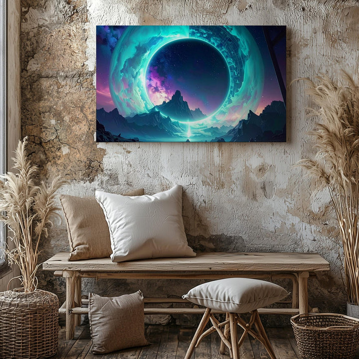 Cosmic Vortex Portal Canvas – Turquoise Energy Ring Over Mountain Landscape - Gifitto