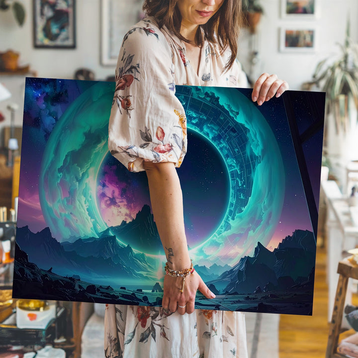 Cosmic Vortex Portal Canvas – Turquoise Energy Ring Over Mountain Landscape - Gifitto