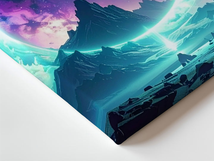 Cosmic Vortex Portal Canvas – Turquoise Energy Ring Over Mountain Landscape - Gifitto