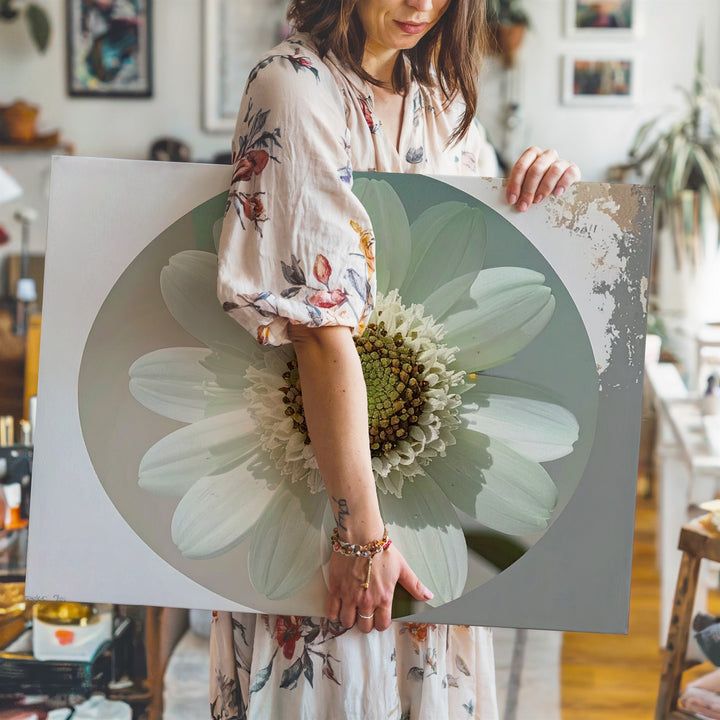 Translucent Green Bloom Canvas – Vintage Minimal Botanical Oval Art - Gifitto
