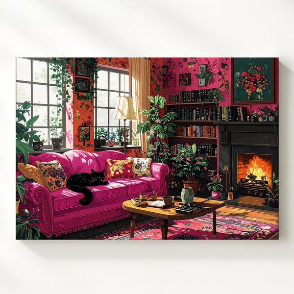 Cozy Writer’s Retreat Canvas – Black Cat, Fireplace & Vintage Interior Scene - Gifitto