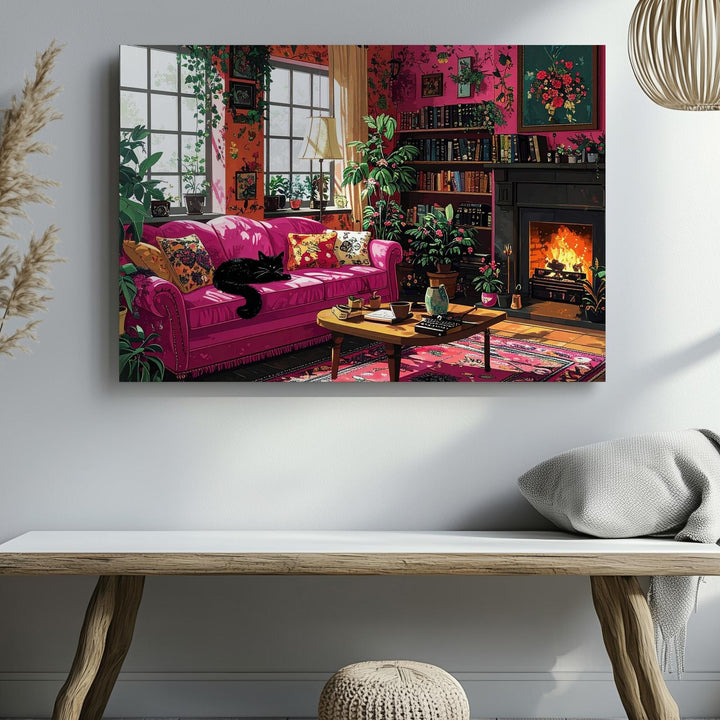 Cozy Writer’s Retreat Canvas – Black Cat, Fireplace & Vintage Interior Scene - Gifitto