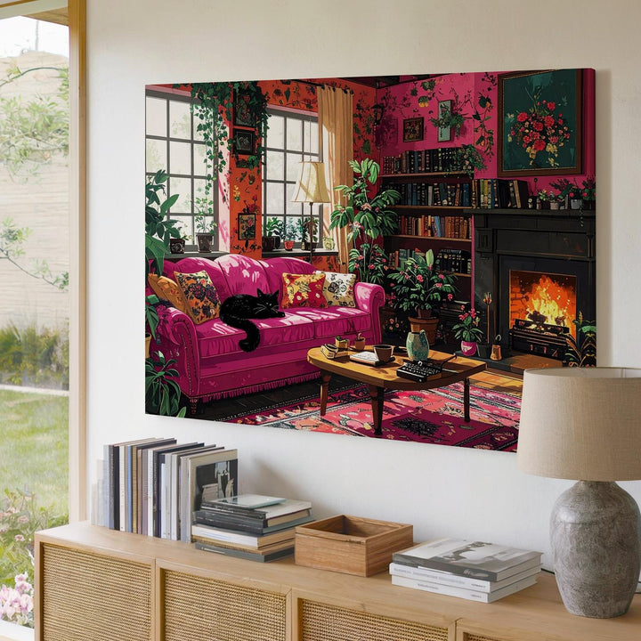 Cozy Writer’s Retreat Canvas – Black Cat, Fireplace & Vintage Interior Scene - Gifitto