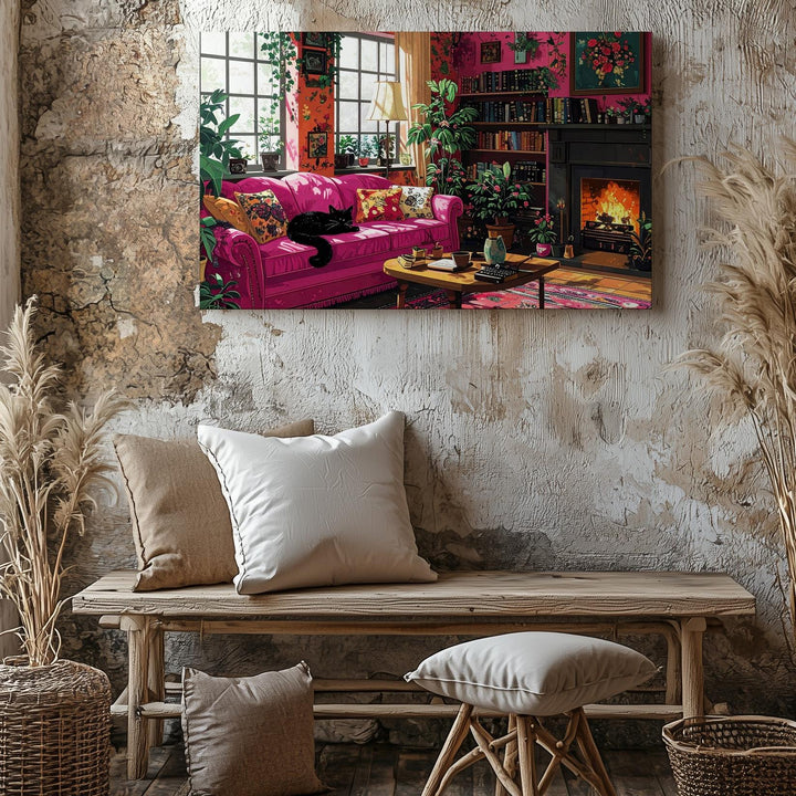 Cozy Writer’s Retreat Canvas – Black Cat, Fireplace & Vintage Interior Scene - Gifitto
