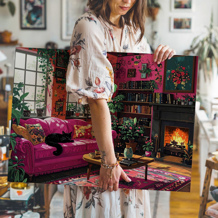 Cozy Writer’s Retreat Canvas – Black Cat, Fireplace & Vintage Interior Scene - Gifitto