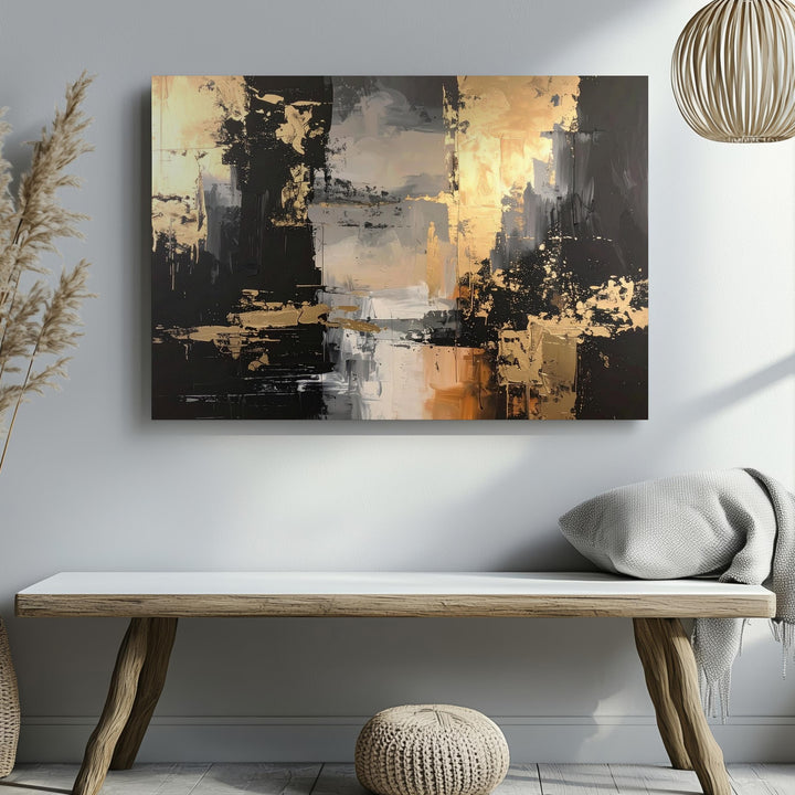 Golden Cascade Canvas – Abstract Art with Metallic Gold and Deep Black Contrast - Gifitto