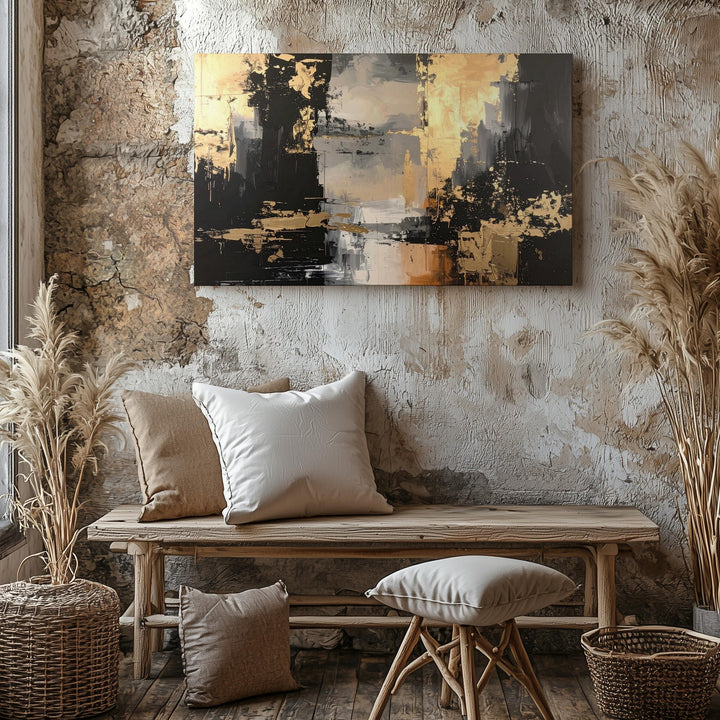 Golden Cascade Canvas – Abstract Art with Metallic Gold and Deep Black Contrast - Gifitto