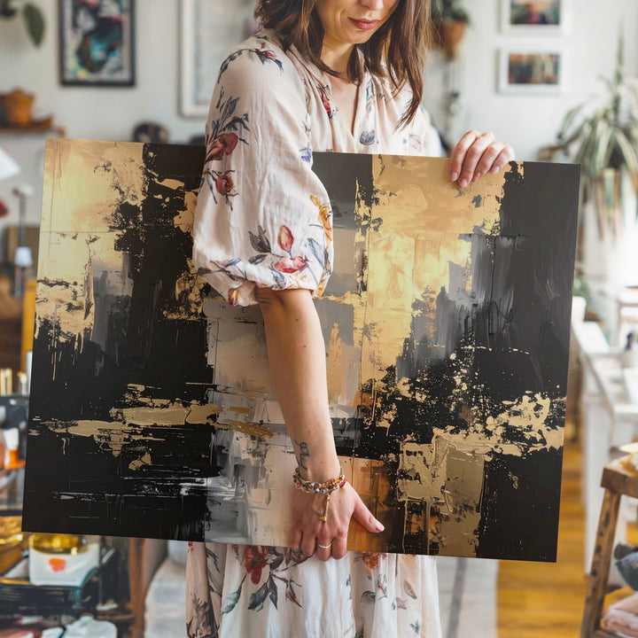 Golden Cascade Canvas – Abstract Art with Metallic Gold and Deep Black Contrast - Gifitto