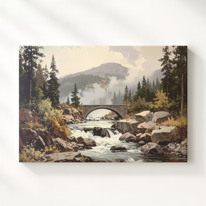 Timeless River Valley Canvas – Muted Rocky Stream with Pine Trees & Stone Bridge - Gifitto