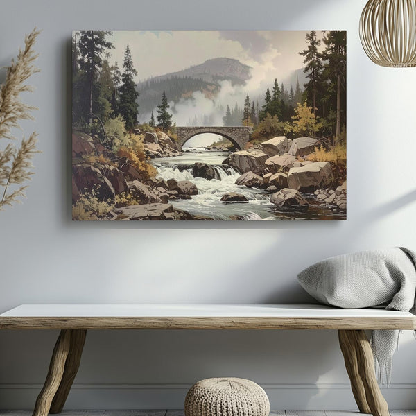 Timeless River Valley Canvas – Muted Rocky Stream with Pine Trees & Stone Bridge - Gifitto