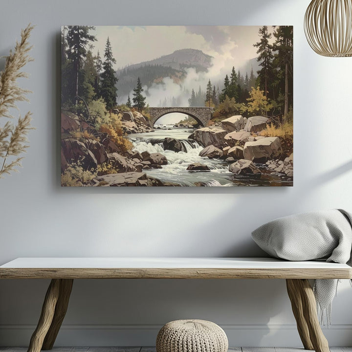 Timeless River Valley Canvas – Muted Rocky Stream with Pine Trees & Stone Bridge - Gifitto