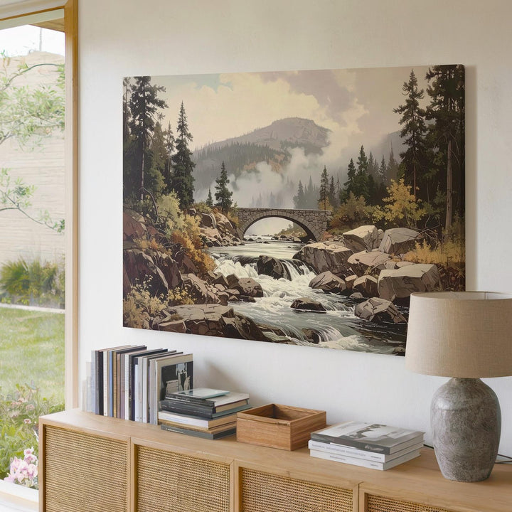 Timeless River Valley Canvas – Muted Rocky Stream with Pine Trees & Stone Bridge - Gifitto