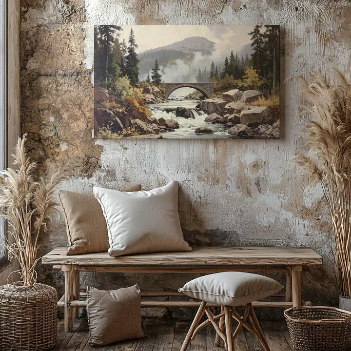 Timeless River Valley Canvas – Muted Rocky Stream with Pine Trees & Stone Bridge - Gifitto