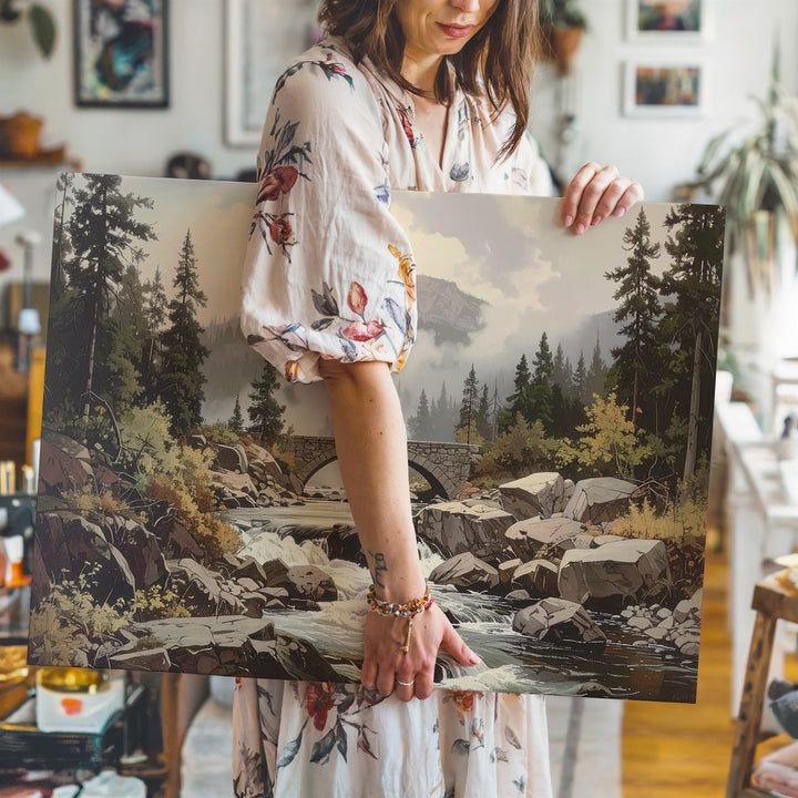 Timeless River Valley Canvas – Muted Rocky Stream with Pine Trees & Stone Bridge - Gifitto
