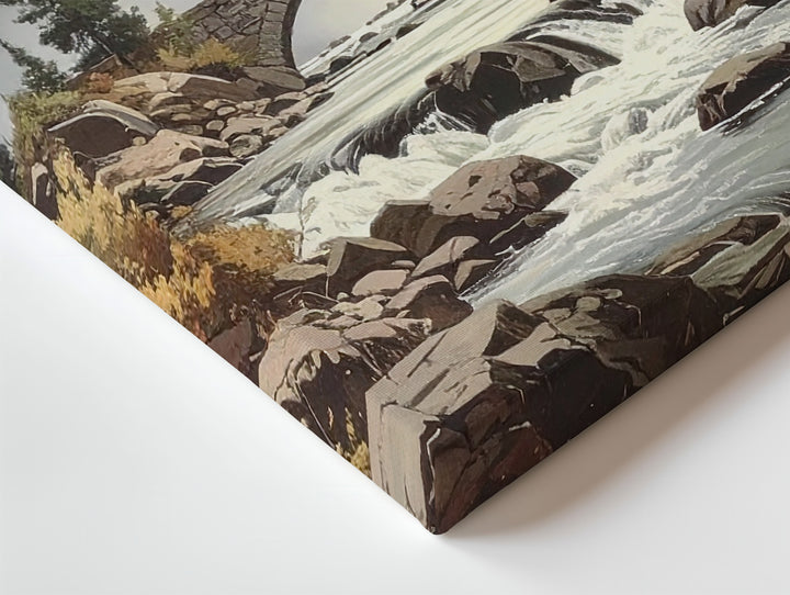 Timeless River Valley Canvas – Muted Rocky Stream with Pine Trees & Stone Bridge - Gifitto