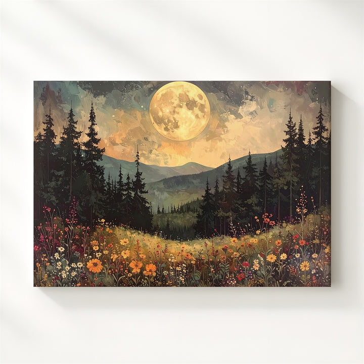 Moonlit Myth Canvas – Surreal Forest with Golden Full Moon & Vibrant Wildflowers - Gifitto