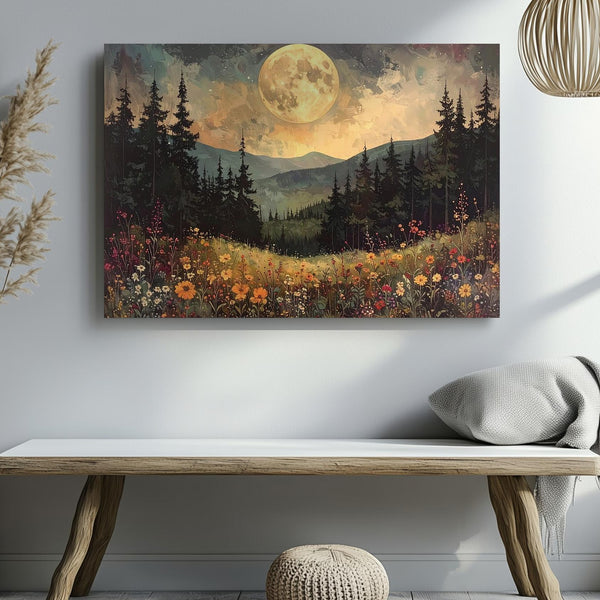 Moonlit Myth Canvas – Surreal Forest with Golden Full Moon & Vibrant Wildflowers - Gifitto