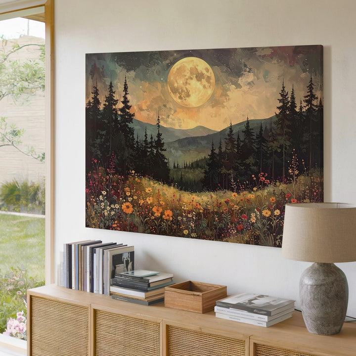 Moonlit Myth Canvas – Surreal Forest with Golden Full Moon & Vibrant Wildflowers - Gifitto