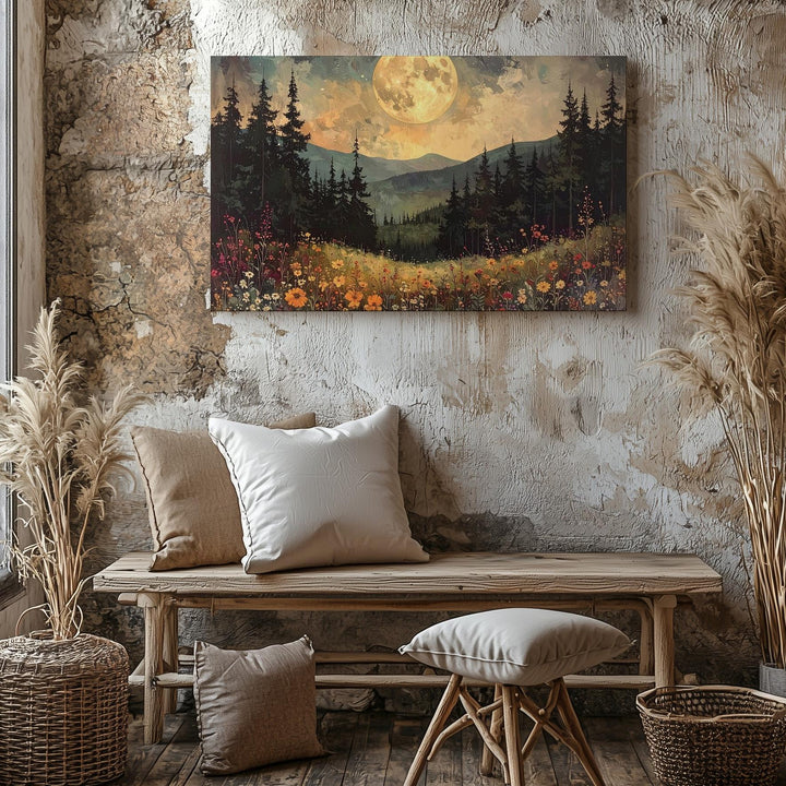 Moonlit Myth Canvas – Surreal Forest with Golden Full Moon & Vibrant Wildflowers - Gifitto