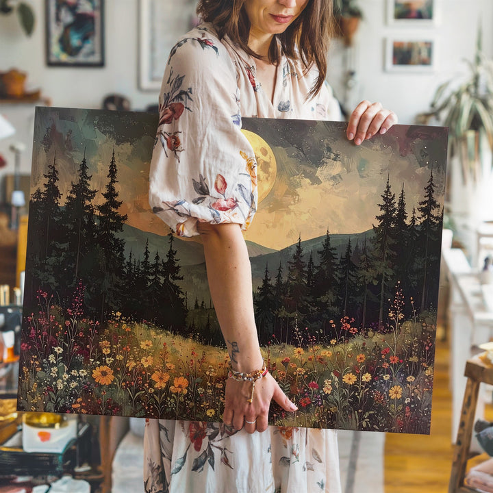 Moonlit Myth Canvas – Surreal Forest with Golden Full Moon & Vibrant Wildflowers - Gifitto