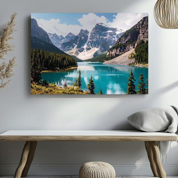 Turquoise Alpine Lake Canvas – Reflective Mountain Landscape with Pine Forests - Gifitto