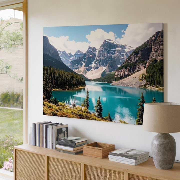 Turquoise Alpine Lake Canvas – Reflective Mountain Landscape with Pine Forests - Gifitto