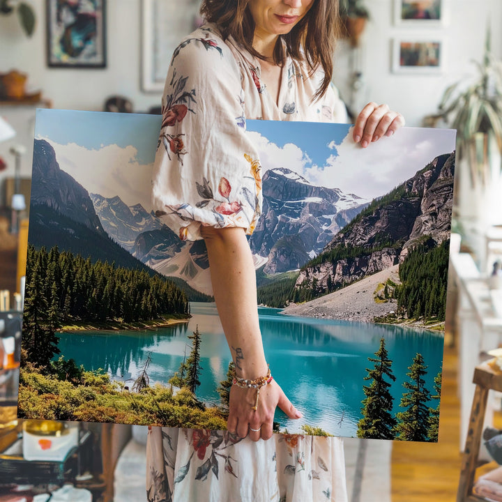 Turquoise Alpine Lake Canvas – Reflective Mountain Landscape with Pine Forests - Gifitto