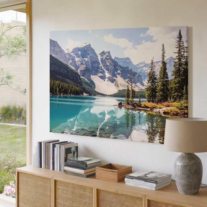 Mirror Island Lake Canvas – Tranquil Alpine Scene with Turquoise Water & Mountains - Gifitto