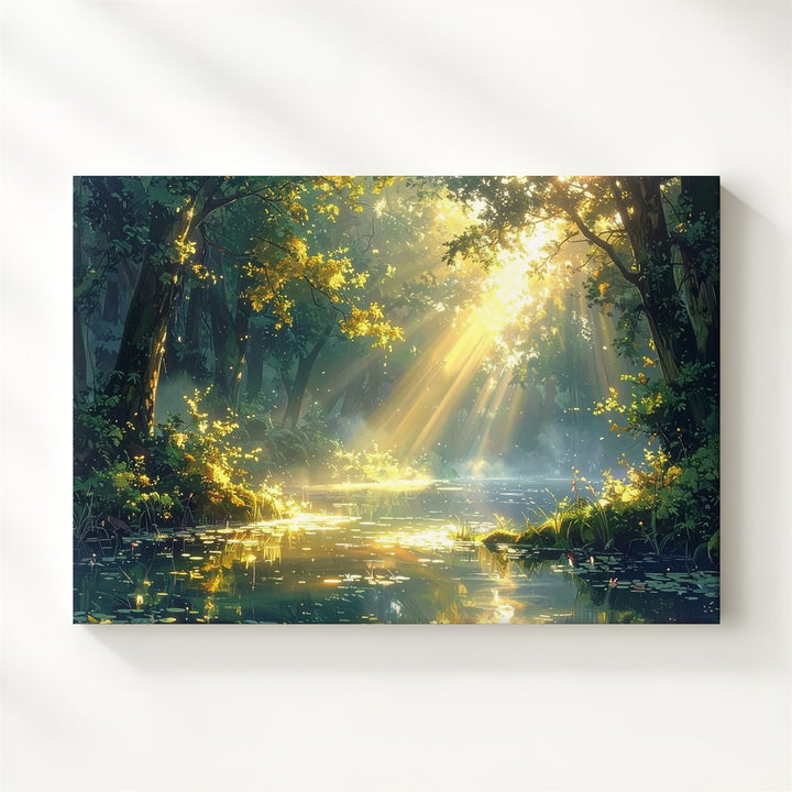 Golden Glade Pond Canvas – Dreamlike Forest with Sunlit Trees & Tranquil Water - Gifitto