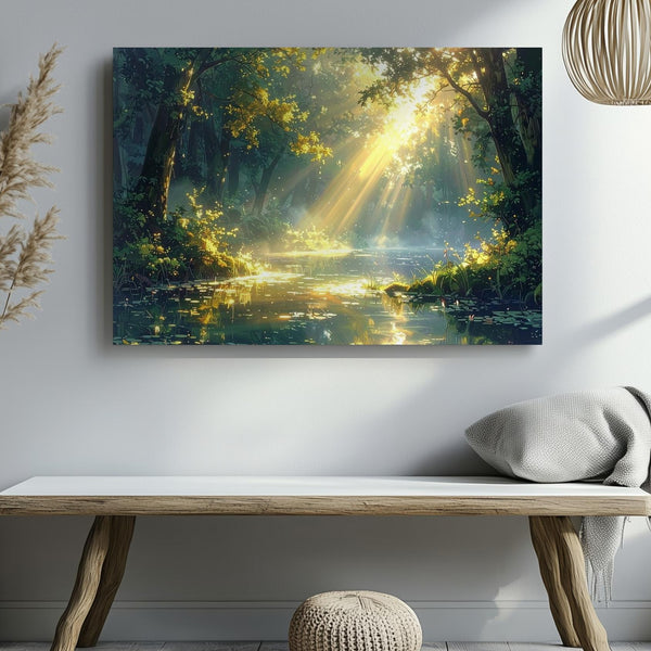 Golden Glade Pond Canvas – Dreamlike Forest with Sunlit Trees & Tranquil Water - Gifitto