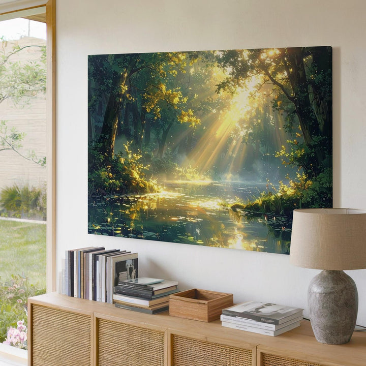 Golden Glade Pond Canvas – Dreamlike Forest with Sunlit Trees & Tranquil Water - Gifitto