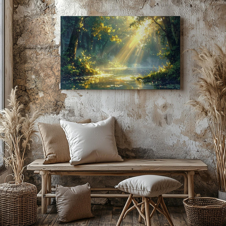 Golden Glade Pond Canvas – Dreamlike Forest with Sunlit Trees & Tranquil Water - Gifitto