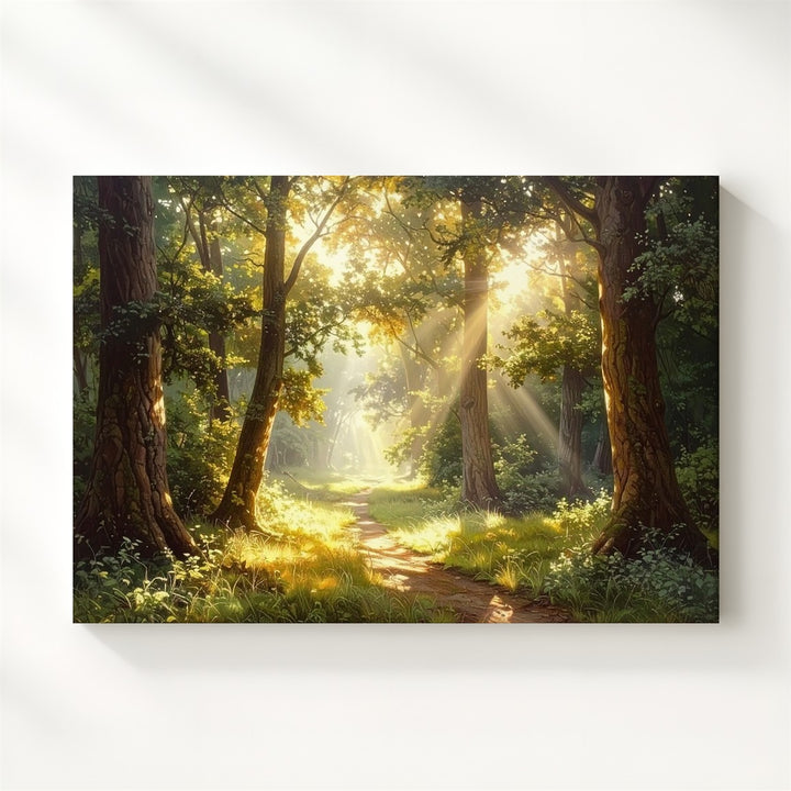 Golden Forest Path Canvas – Warm Sunlit Trail Through Peaceful Woodland - Gifitto