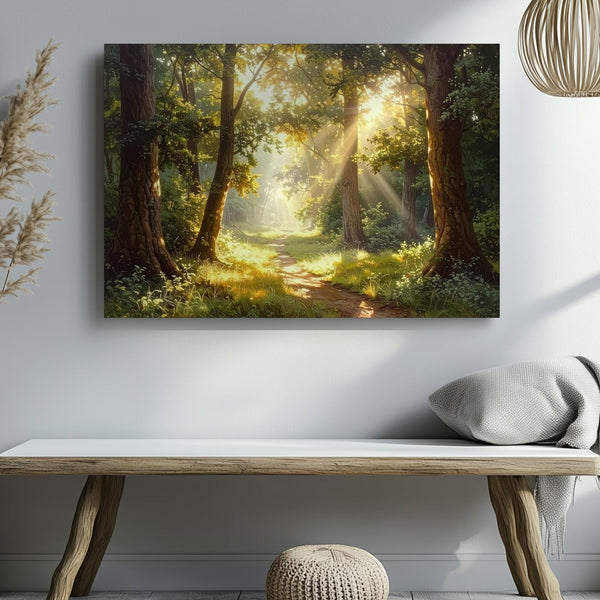 Golden Forest Path Canvas – Warm Sunlit Trail Through Peaceful Woodland - Gifitto
