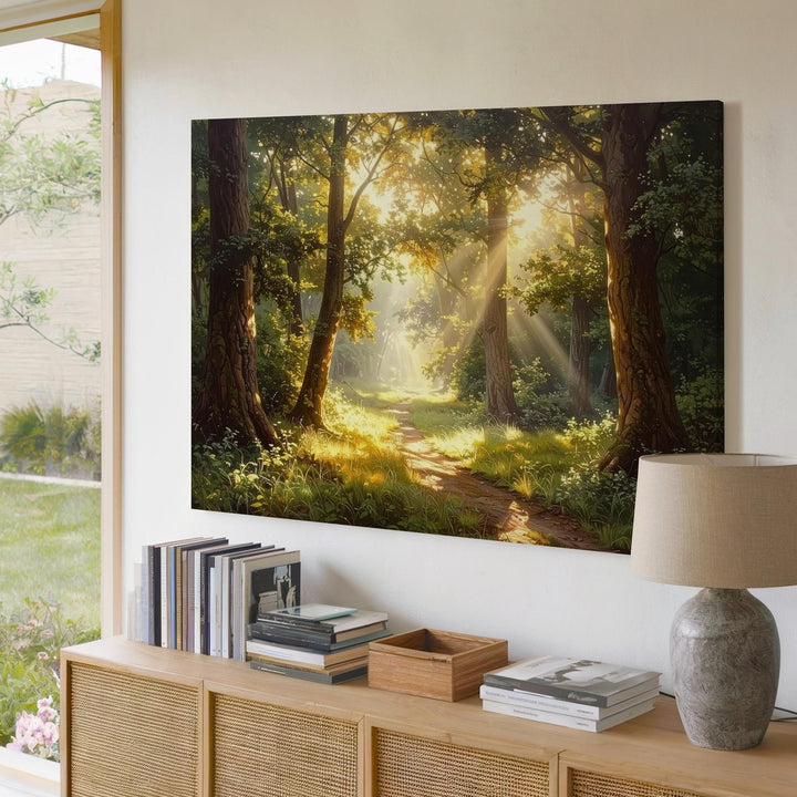 Golden Forest Path Canvas – Warm Sunlit Trail Through Peaceful Woodland - Gifitto