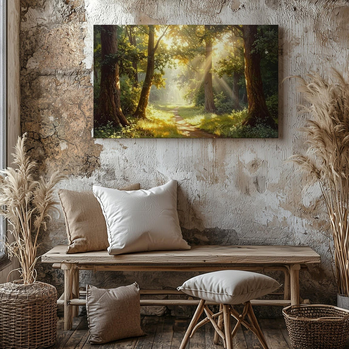 Golden Forest Path Canvas – Warm Sunlit Trail Through Peaceful Woodland - Gifitto