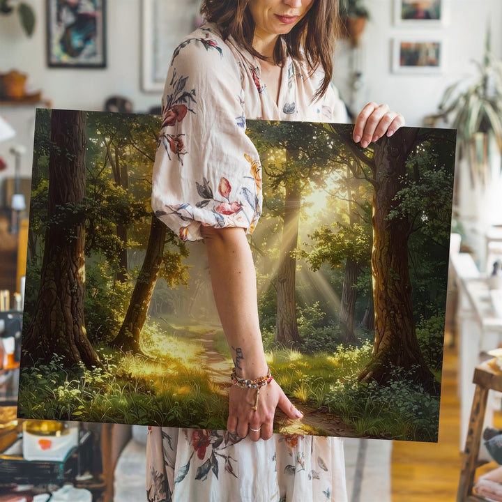 Golden Forest Path Canvas – Warm Sunlit Trail Through Peaceful Woodland - Gifitto