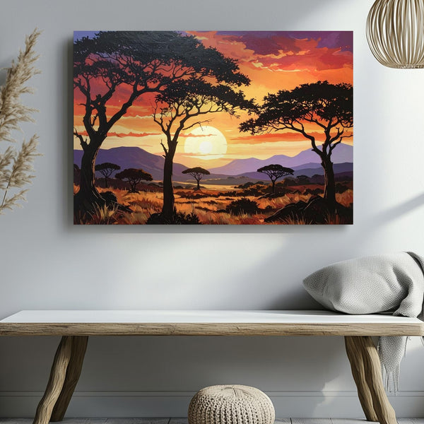 Savanna Sunset Canvas – Dramatic African Landscape with Silhouetted Acacias - Gifitto