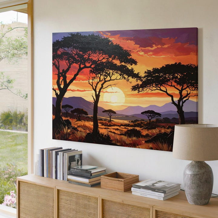 Savanna Sunset Canvas – Dramatic African Landscape with Silhouetted Acacias - Gifitto