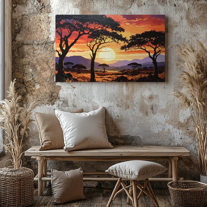 Savanna Sunset Canvas – Dramatic African Landscape with Silhouetted Acacias - Gifitto