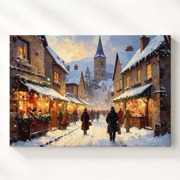 Twilight Village Christmas Canvas – Snowy Street Scene with Warm Lights & Holiday Charm - Gifitto