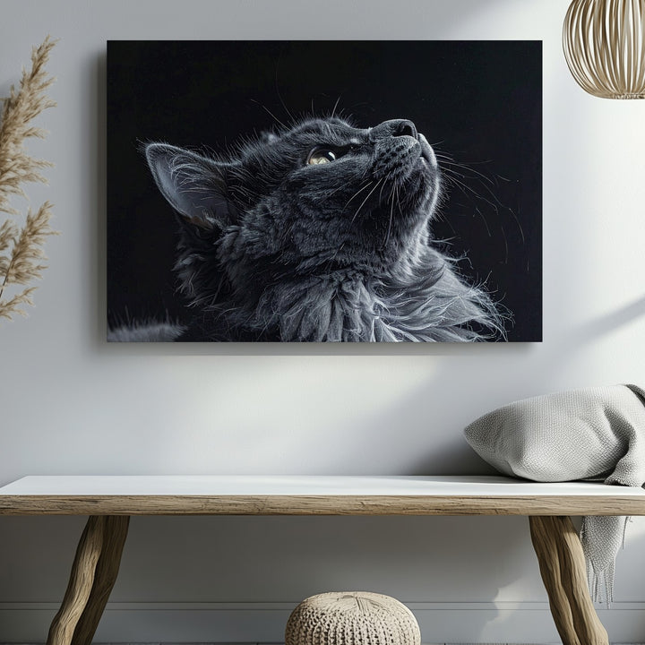 Serene Gray Cat Portrait Canvas – Dramatic Black-and-White Feline Wall Art - Gifitto