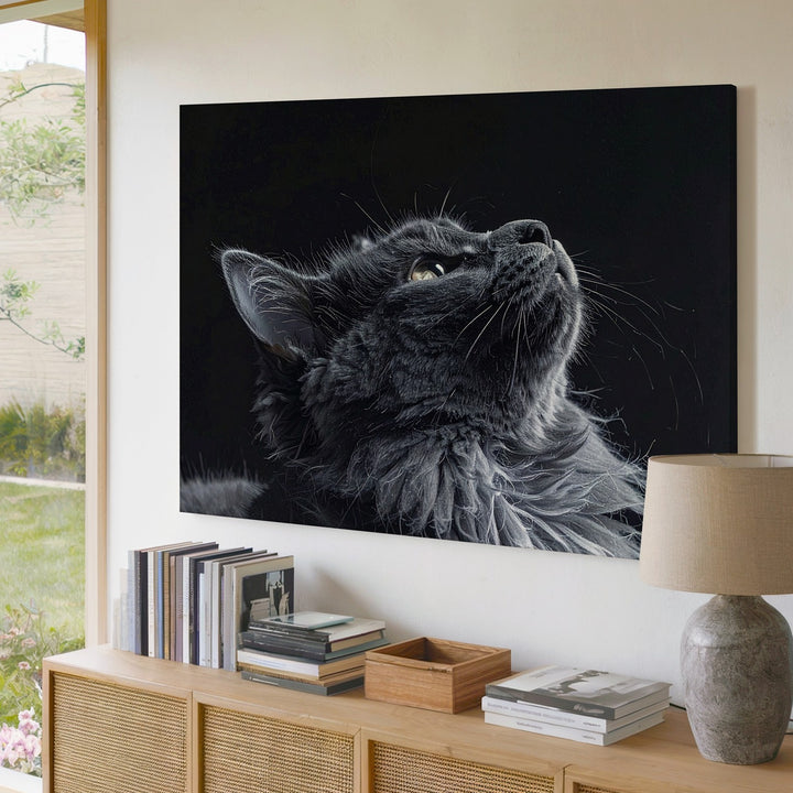 Serene Gray Cat Portrait Canvas – Dramatic Black-and-White Feline Wall Art - Gifitto