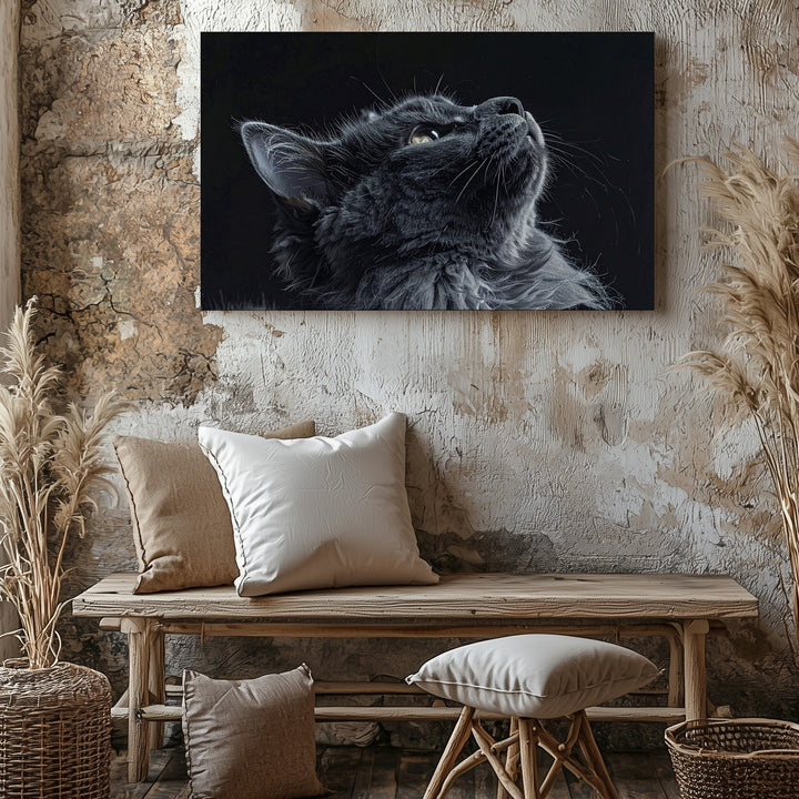 Serene Gray Cat Portrait Canvas – Dramatic Black-and-White Feline Wall Art - Gifitto