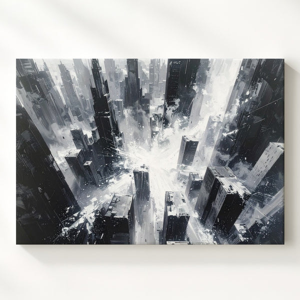 Monochrome City Burst Canvas – Abstract Aerial Urban Explosion Art